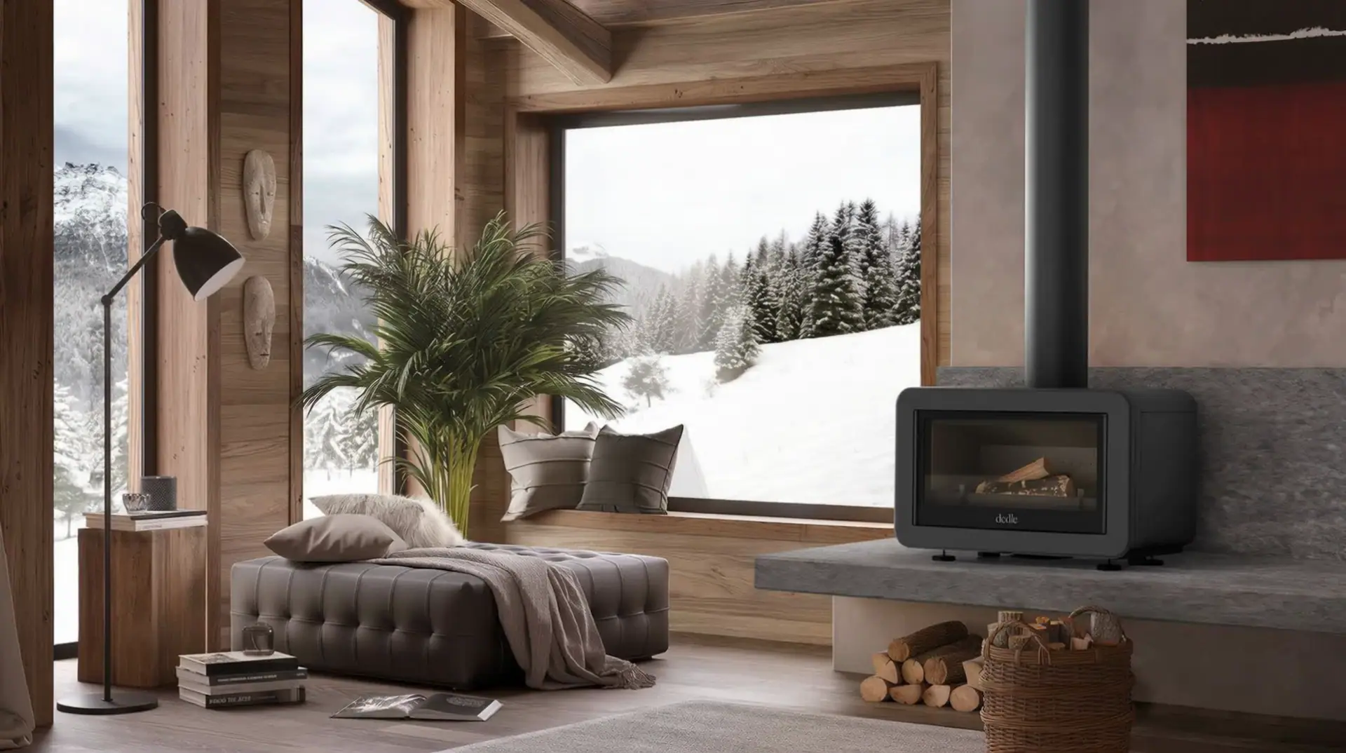 Le même salon de chalet passe du jour à la nuit, puis le poêle s'allume